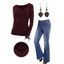 O Ring V Neck Lace Up Sleeve Top And Zip Fly Flare Jeans Drop Earrings Outfit - Rouge foncé S | US 4