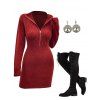 Cable Knit Half Zipper Mini Sweater Dress And Lace Up Over The Knee Boots Life Tree Hoop Drop Earrings Outfit - Rouge foncé S | US 4