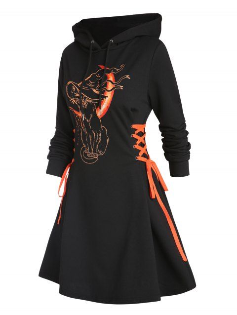 Halloween Cat Witch Moon Print Lace Up Hooded Dress Drawstring Long Sleeve Mini Dress