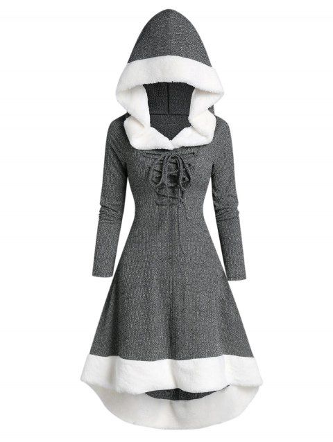 Robe à Capuche Haut-Bas en Fausse Fourrure à Deux Tons à Lacets