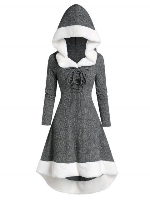 Robe à Capuche Haut Bas Bicolore Jointif Lapin en Fausse Fourrure à Lacets