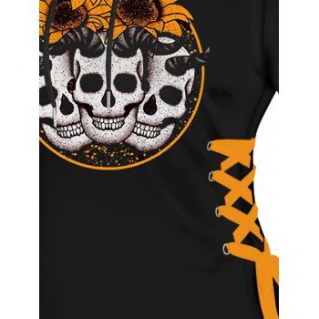 Halloween Skull Sunflower Print Hooded Dress Lace Up Drawstring Mini Dress