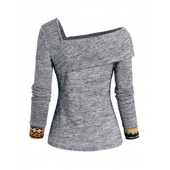 Ethnic Pattern Panel Asymmetric Neck Knit Top Mock Button Long Sleeve Knitted Top 