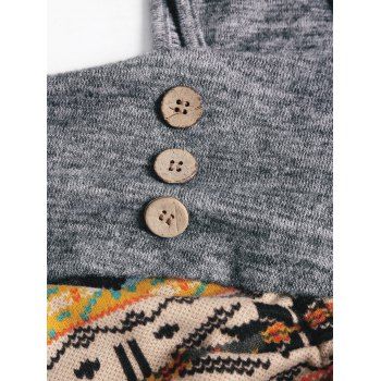 Ethnic Pattern Panel Asymmetric Neck Knit Top Mock Button Long Sleeve Knitted Top 