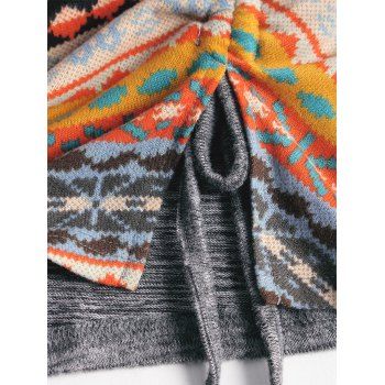 Ethnic Pattern Panel Asymmetric Neck Knit Top Mock Button Long Sleeve Knitted Top 