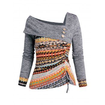 Ethnic Pattern Panel Asymmetric Neck Knit Top Mock Button Long Sleeve Knitted Top 