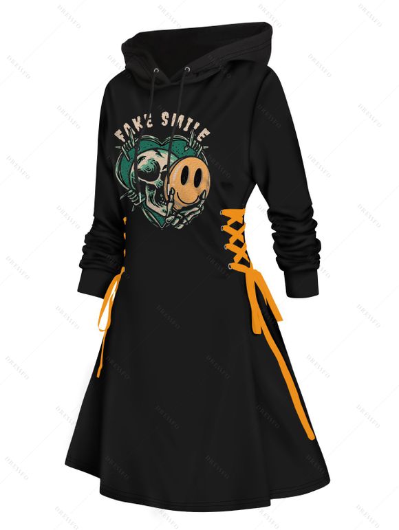 Mini Robe D'Halloween à Capuche Crâne Imprimée à Lacets - Noir XL | US 12