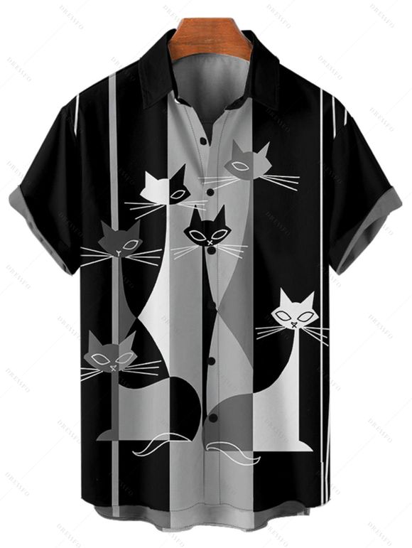 Chemise Boutonnée Animal Rayure Imprimés Manches Courtes à Col Relevé - Noir XL