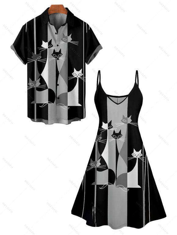 Cat Stripe Print V Neck Spaghetti Strap Mini Dress And Short Sleeve Shirt Outfit - Noir S | US 4