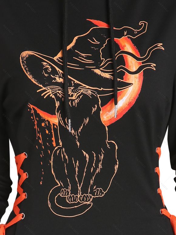 Mini Robe D'Halloween à Capuche Chat et Lune Imprimés à Manches Longues à Lacets - Noir XXL | US 14