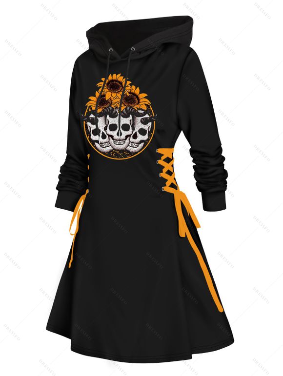 Mini Robe D'Halloween à Capuche Crâne et Tournesol Imprimés à Lacets - Noir M | US 6