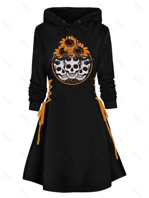 Mini Robe D'Halloween à Capuche Crâne et Tournesol Imprimés à Lacets - Noir XXL | US 14