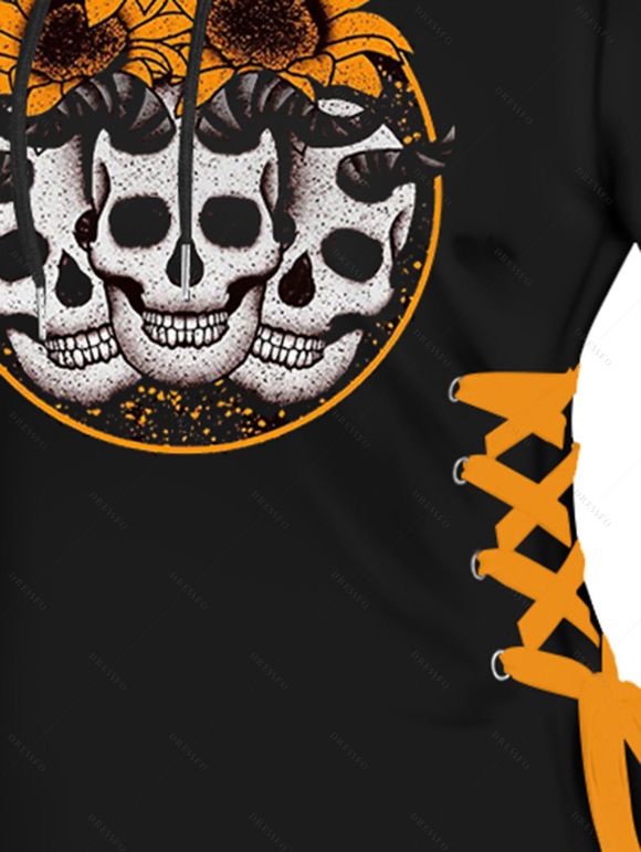 Mini Robe D'Halloween à Capuche Crâne et Tournesol Imprimés à Lacets - Noir XXL | US 14
