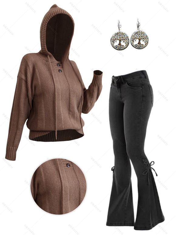 Solid Color Ribbed Hem Mock Button Hooded Sweater And Lace Up Pockets Demin Flare Jeans Hoop Drop Earrings Outfit - Café profond S | US 4