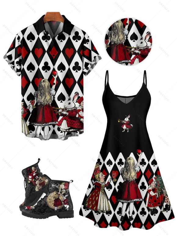 Playing Card Character Print V Neck Spaghetti Strap Dress And Short Sleeve Shirt Lace Up Ankle Boots Set - Noir S | US 4