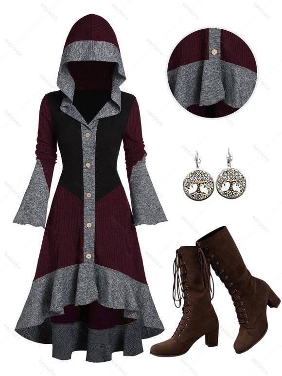 Colorblock Flare Sleeve High Low Knit Hooded Dress And Chunky Heel Lace Up Mid Calf Boots Life Tree Hoop Drop Earrings Outfit - Rouge foncé S | US 4