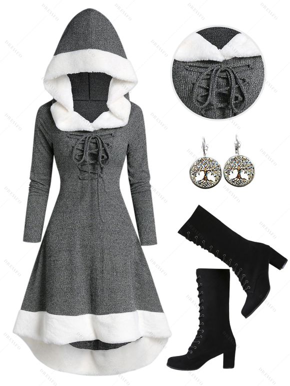 Lace Up Long Sleeves High Low Hooded Dress and Chunky Heel Lace Up Boots Life Tree Pattern Earrings Outfit - Gris Foncé S | US 4