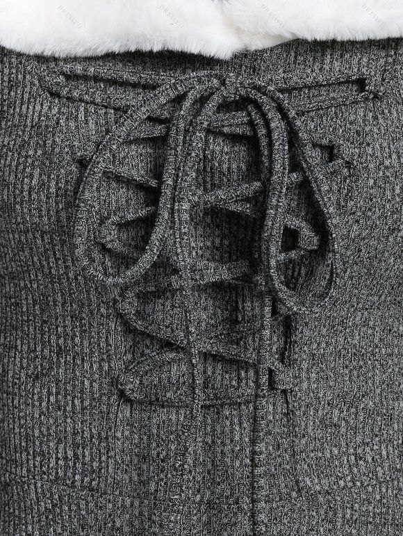 Robe à Capuche Haut-Bas en Fausse Fourrure à Deux Tons à Lacets - Gris Foncé L | US 8