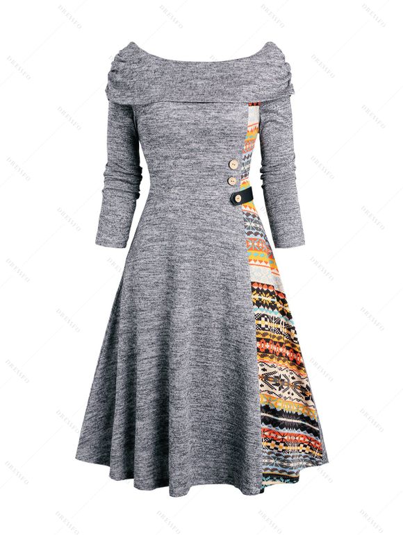 Robe Mi-Longue Chinée Panneau en Tricot à Col Bateau - Gris Foncé XXL | US 14