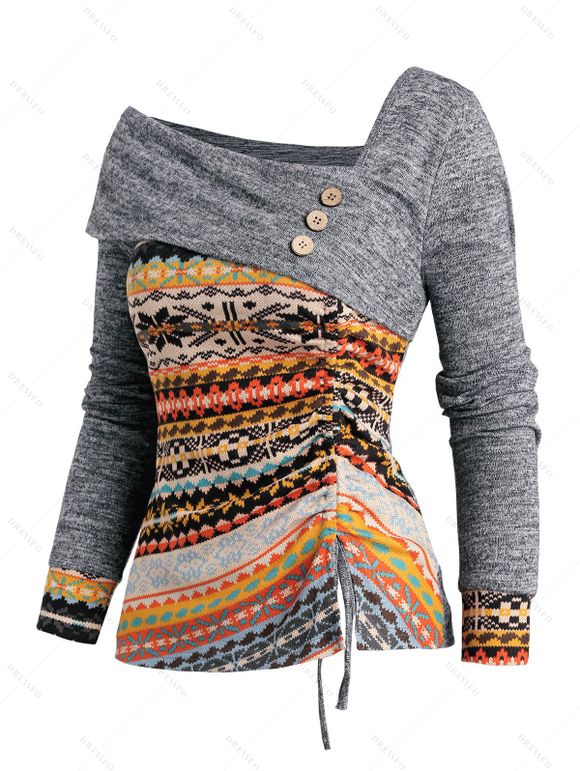 Haut en Tricot Ethnique Motif Asymétrique Manches Longues à Col Montant - multicolor XXL | US 14