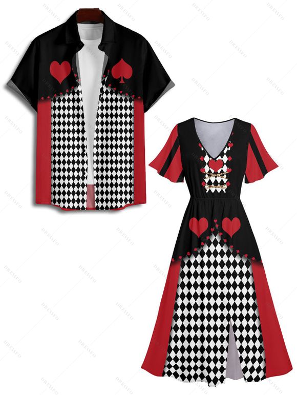 Checkboard Playing Card Print Colorblock V Neck Flutter Sleeve Midi Dress And Short Sleeve Shirt Outfit - Rouge S | US 4