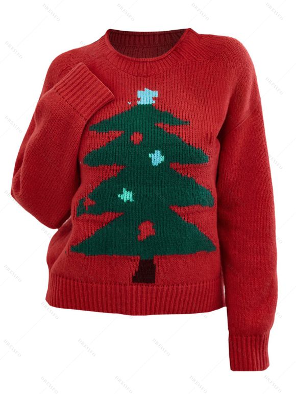 Pull-over Lâche Tricoté à Ourlet Côtelé et Sapin de Noël - Rouge L | US 8