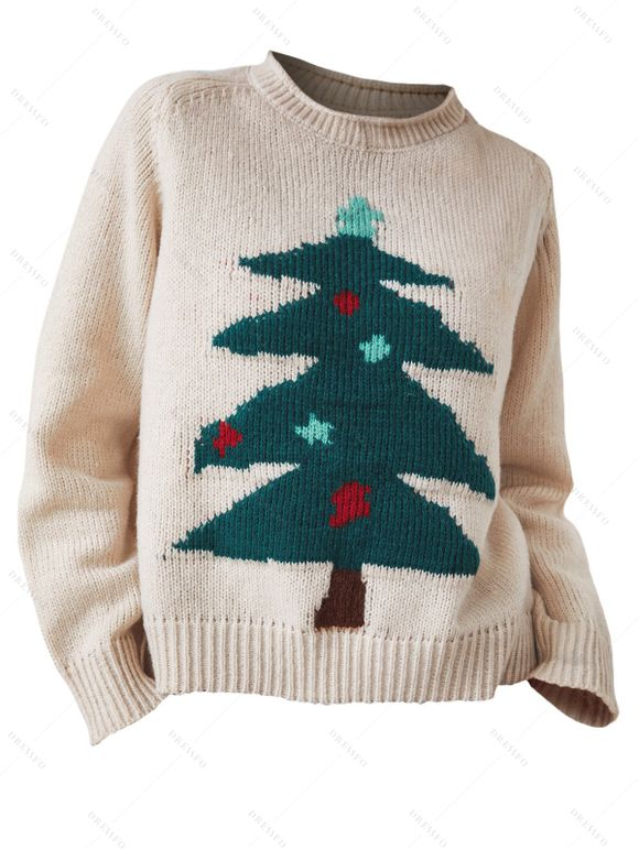 Pull-over Lâche Tricoté à Ourlet Côtelé et Sapin de Noël - café lumière S | US 4