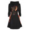 Robe courte à lacets et à capuche avec cordon de serrage et manches longues, motif chat, sorcière et lune, pour Halloween - Noir S | US 4