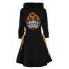 Mini Robe D'Halloween à Capuche Crâne et Tournesol Imprimés à Lacets - Noir XL | US 12