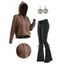 Solid Color Ribbed Hem Mock Button Hooded Sweater And Lace Up Pockets Demin Flare Jeans Hoop Drop Earrings Outfit - Café profond S | US 4