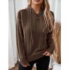 Solid Color Ribbed Hem Mock Button Hooded Sweater And Lace Up Pockets Demin Flare Jeans Hoop Drop Earrings Outfit - Café profond S | US 4