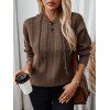 Solid Color Ribbed Hem Mock Button Hooded Sweater And Lace Up Pockets Demin Flare Jeans Hoop Drop Earrings Outfit - Café profond S | US 4