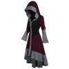 Colorblock Flare Sleeve High Low Knit Hooded Dress And Chunky Heel Lace Up Mid Calf Boots Life Tree Hoop Drop Earrings Outfit - Rouge foncé S | US 4