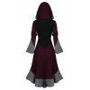 Colorblock Flare Sleeve High Low Knit Hooded Dress And Chunky Heel Lace Up Mid Calf Boots Life Tree Hoop Drop Earrings Outfit - Rouge foncé S | US 4