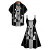 Cat Stripe Print V Neck Spaghetti Strap Mini Dress And Short Sleeve Shirt Outfit - Noir S | US 4