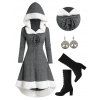 Lace Up Long Sleeves High Low Hooded Dress and Chunky Heel Lace Up Boots Life Tree Pattern Earrings Outfit - Gris Foncé S | US 4