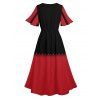 Robe Mi-Longue en Couleur Contrastée à Ourlet Fendu à Manches Bouffantes - Rouge XXL | US 14