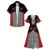 Checkboard Playing Card Print Colorblock V Neck Flutter Sleeve Midi Dress And Short Sleeve Shirt Outfit - Rouge S | US 4