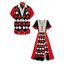 Colorblock Playing Card Print Flutter Sleeve Midi Dress And Button Up Short Sleeve Shirt Matching Outfit - Noir S | US 4