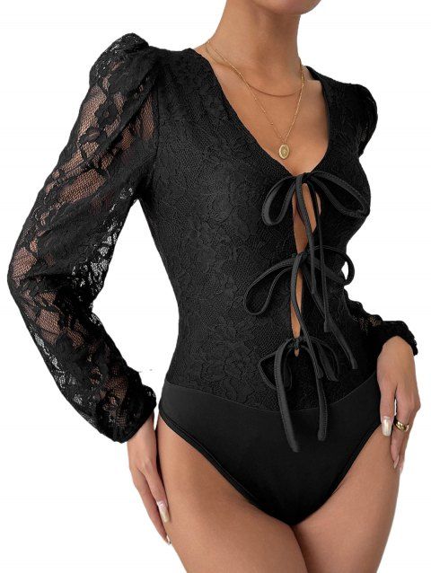 Ensemble de Lingerie Fleur en Dentelle Transparente à Manches Longues