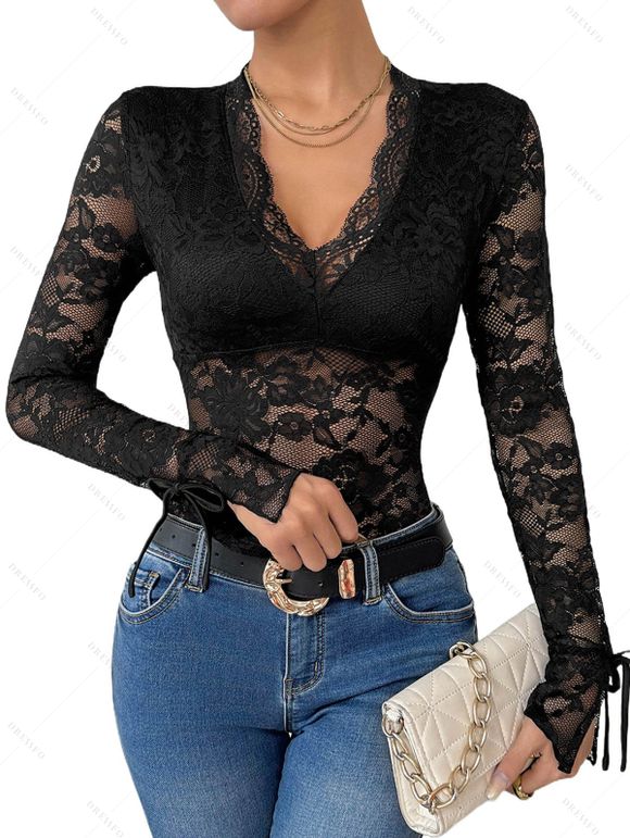 Ensemble de Lingerie Sanglée Fleur en Dentelle Transparente à Manches Longues à Col V - Noir XL | US 10