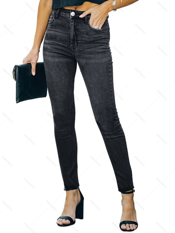 Pantalon Crayon Décontracté Zippé avec Multi-Poches en Denim - Noir M | US 6