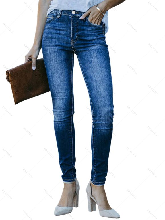 Pantalon Crayon Décontracté Zippé Long Plissé en Denim - Bleu profond M | US 6