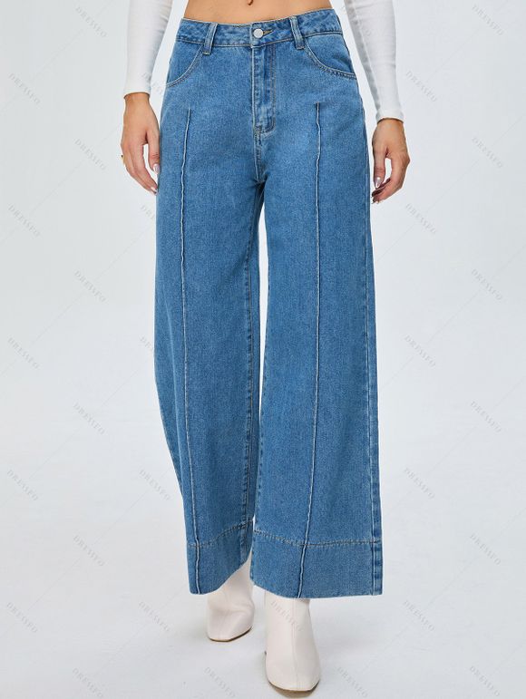 Jean Décontracté Lâche Lavage Léger à Jambe Large Zippé en Denim - Bleu Ciel L | US 8-10