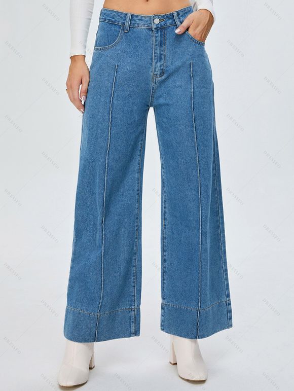 Jean Décontracté Lâche Lavage Léger à Jambe Large Zippé en Denim - Bleu Ciel L | US 8-10