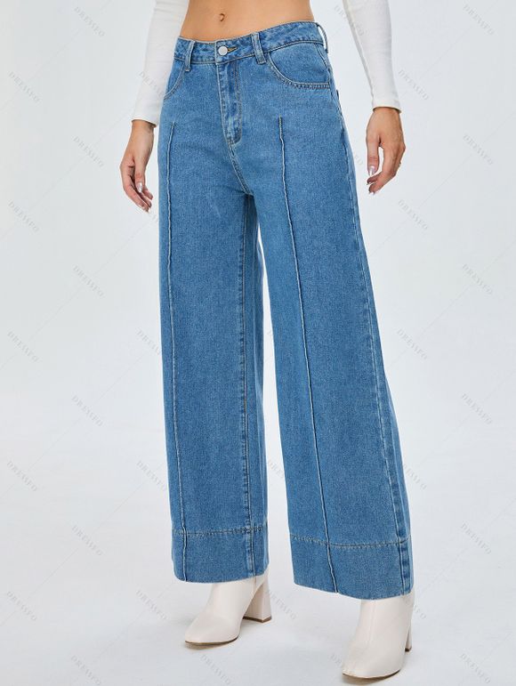 Jean Décontracté Lâche Lavage Léger à Jambe Large Zippé en Denim - Bleu Ciel L | US 8-10