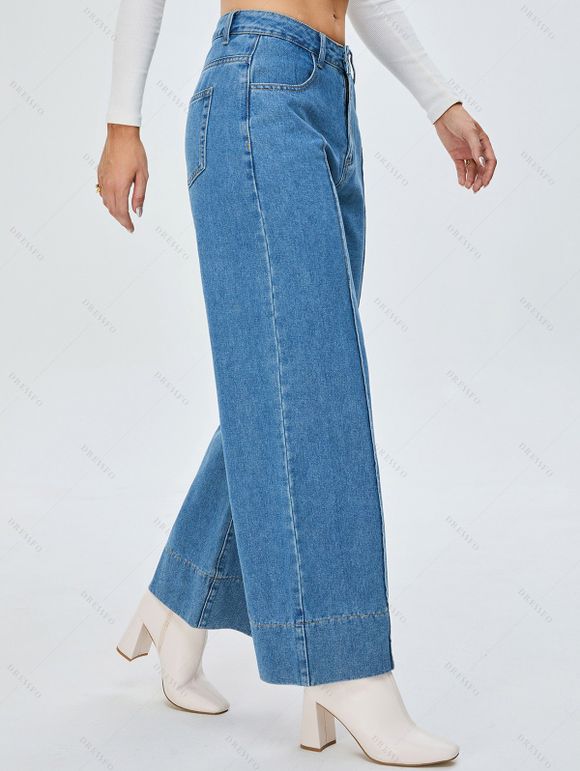 Jean Décontracté Lâche Lavage Léger à Jambe Large Zippé en Denim - Bleu Ciel L | US 8-10