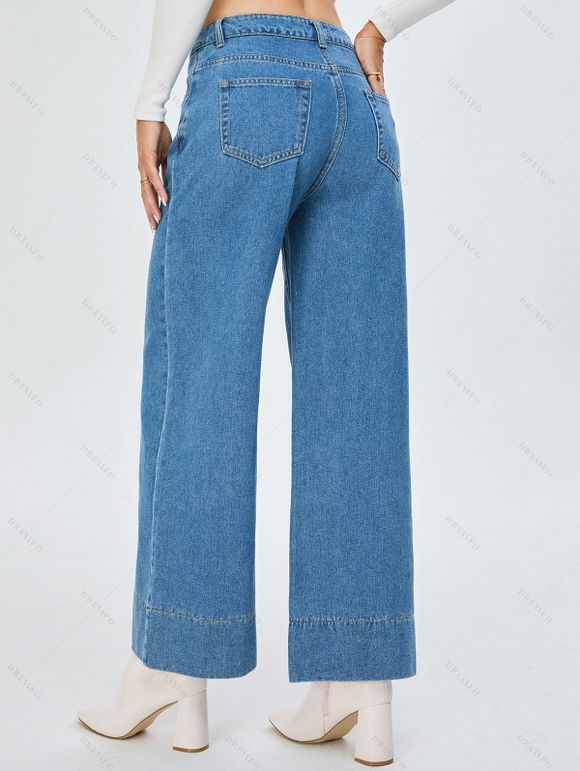 Jean Décontracté Lâche Lavage Léger à Jambe Large Zippé en Denim - Bleu Ciel L | US 8-10