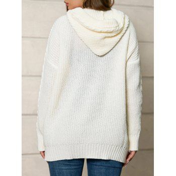 Drop Shoulder Cable Knit Hooded Cardigan Button Up Pocket Patch Ribbed Hem Cardigan