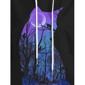 Halloween Cat Forest Print Drawstring Casual Hoodie